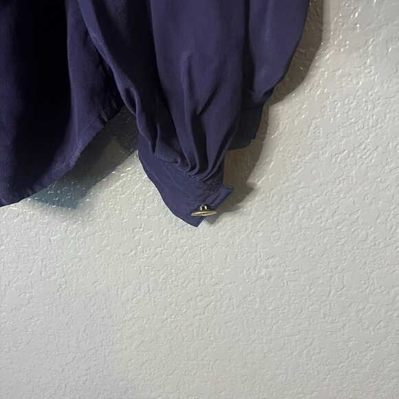 Oleg Cassini Size 8 Navy Blue 100% Silk Padded Shoulder Collared Blouse - Picture 5 of 5